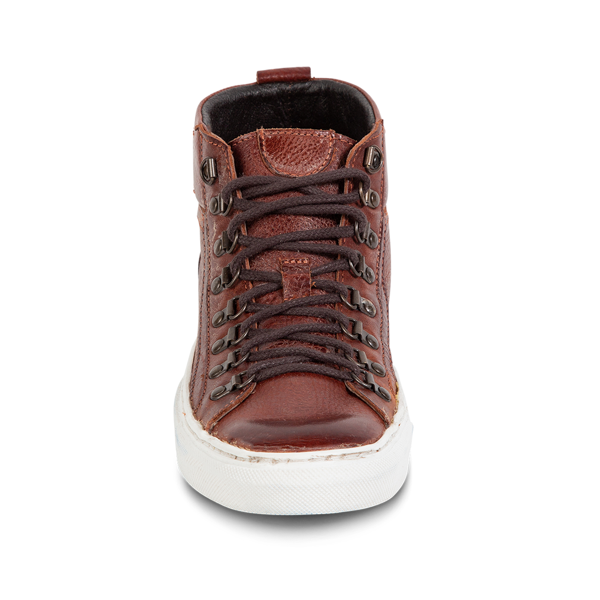 Front view showing adjustable lacing with brass hardware and leather tongue on FREEBIRD men's Shelby wine shoe