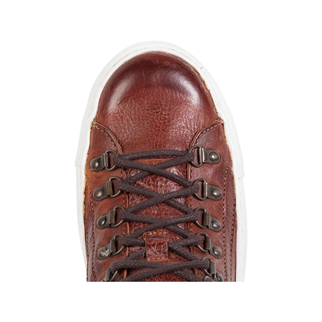 Top view showing round toe and brass rivets on FREEBIRD men's Shelby wine shoe