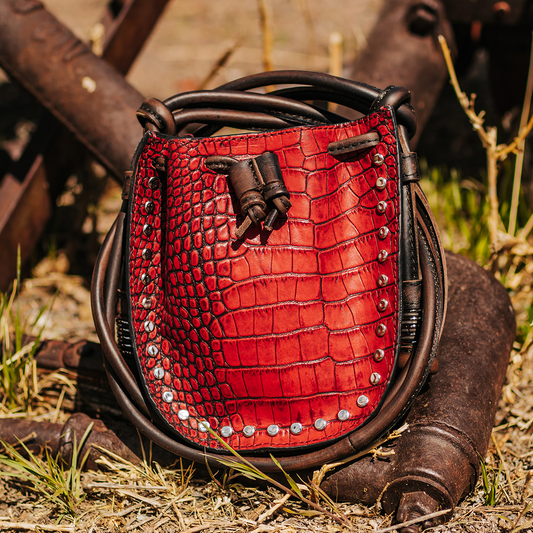 FREEBIRD Stella red croco embossed leather bag with silver clasp closure and adjustable leather shoulder straps