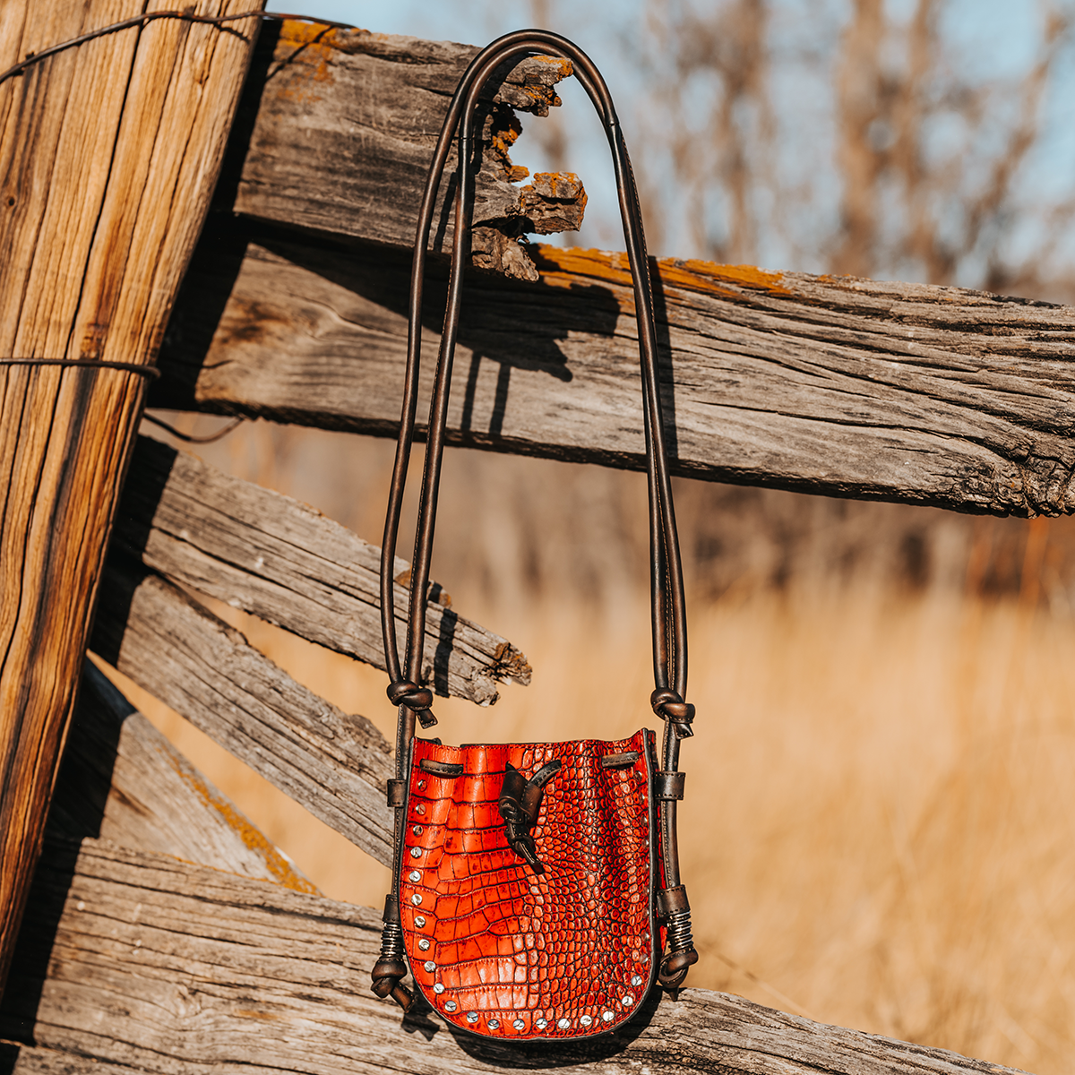 FREEBIRD Stella red croco embossed leather bag with silver clasp closure and adjustable leather shoulder straps