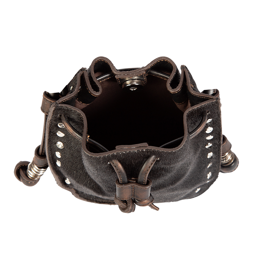 Inside view showing interior pocket and silver clasp closure on FREEBIRD Stella black bag
