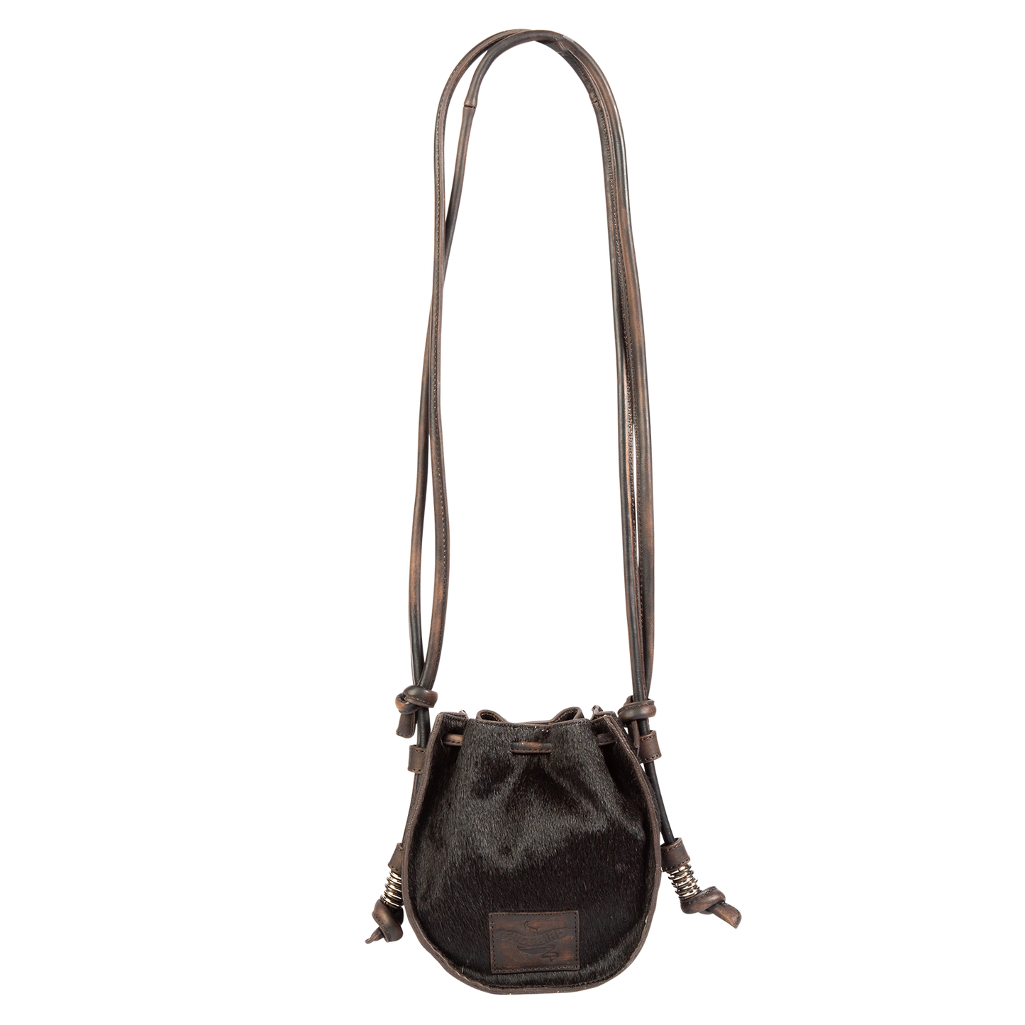 Back view showing leather shoulder straps and leather drawstring closure on FREEBIRD Stella black bag