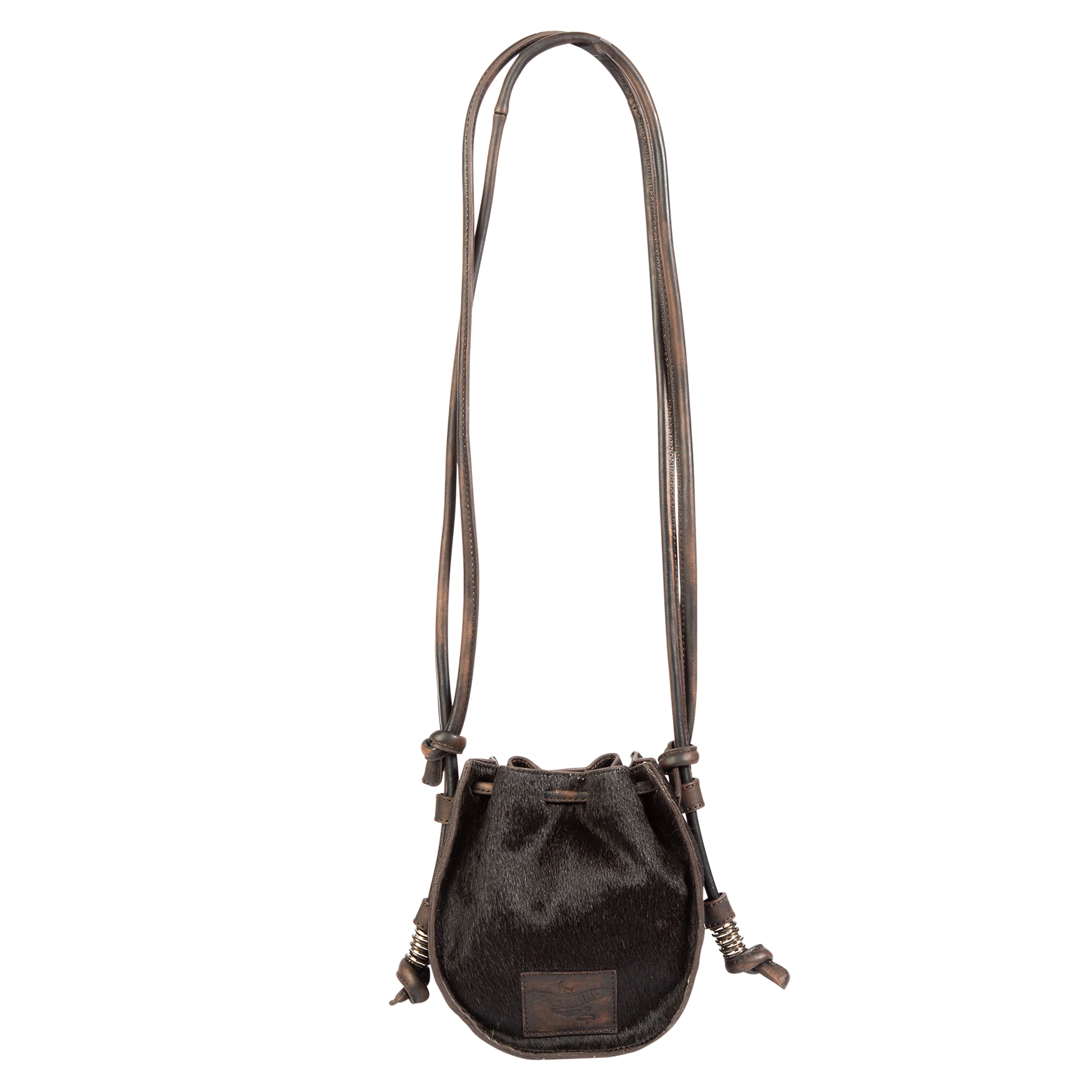 Back view showing leather shoulder straps and leather drawstring closure on FREEBIRD Stella black bag