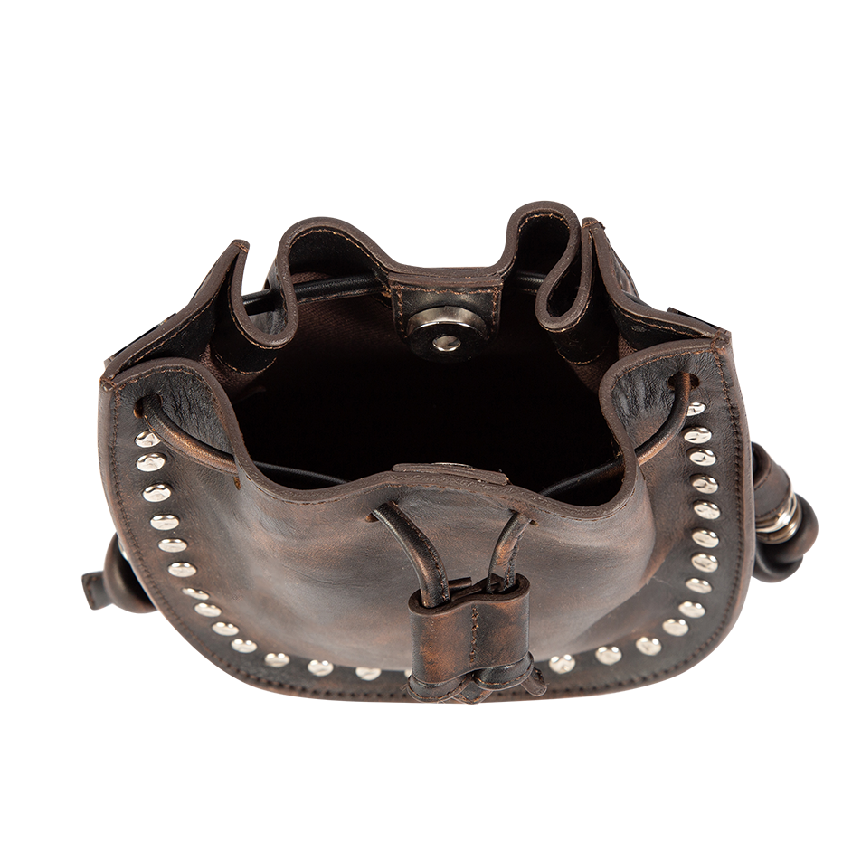 Inside view showing interior pocket and silver clasp closure on FREEBIRD Stella black distressed bag