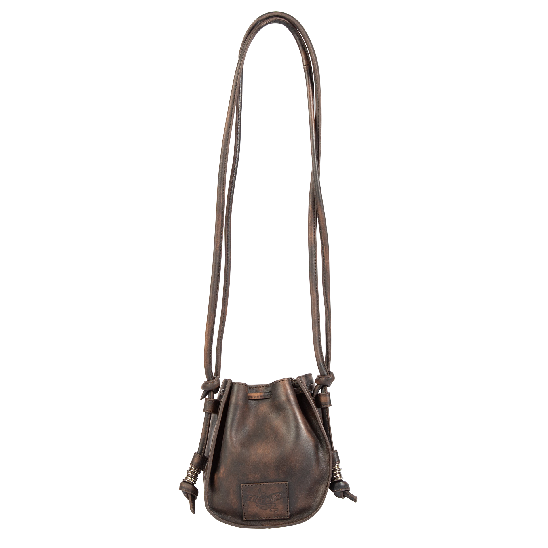 Back view showing leather shoulder straps and leather drawstring closure on FREEBIRD Stella black distressed bag