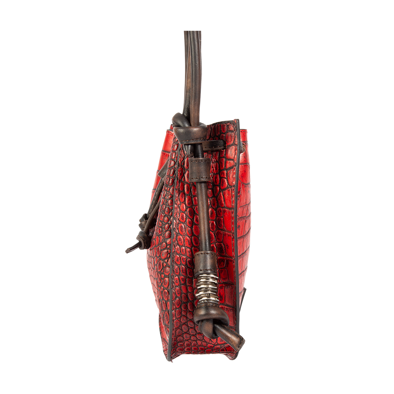 Side view showing adjustable leather straps with silver decorative hardware on FREEBIRD Stella red croco embossed leather bag