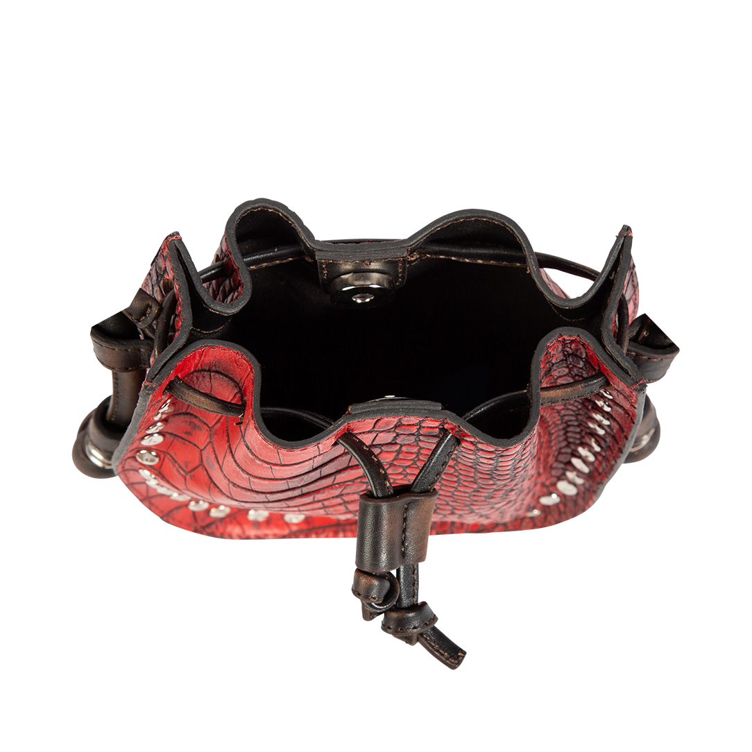 Inside view showing interior pocket and silver clasp closure on FREEBIRD Stella red croco embossed leather bag