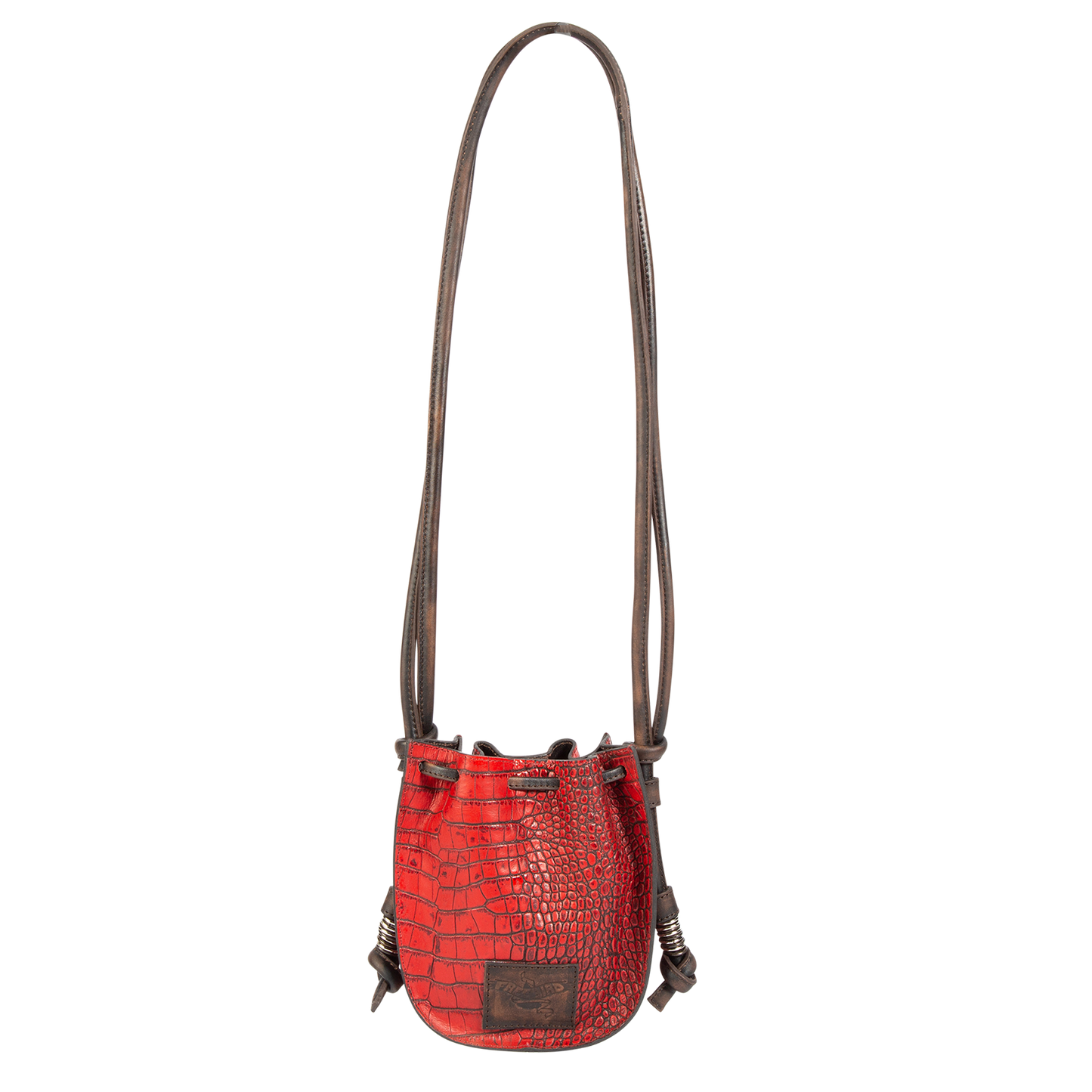 Back view showing leather shoulder straps and leather drawstring closure on FREEBIRD Stella red croco embossed leather bag