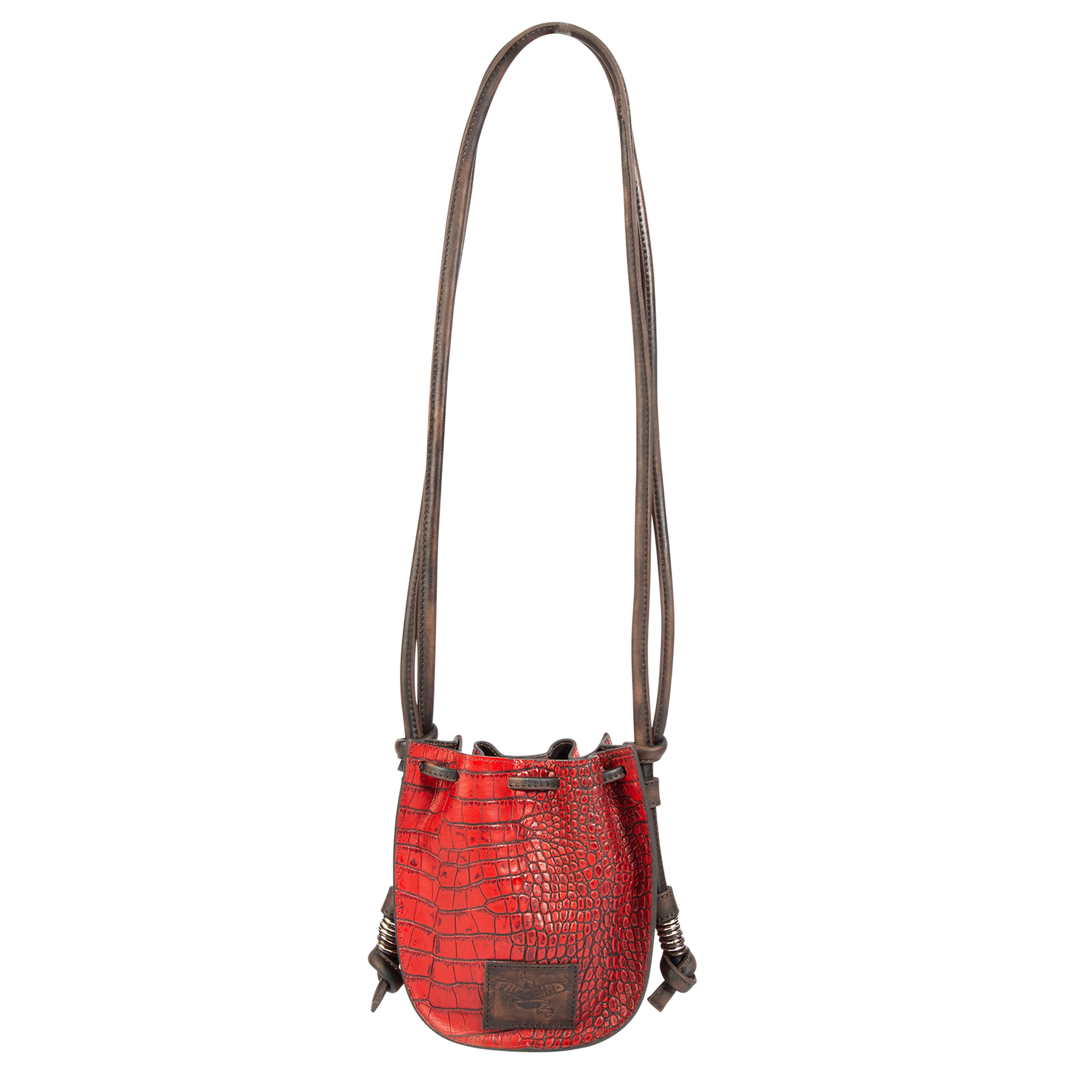 Back view showing leather shoulder straps and leather drawstring closure on FREEBIRD Stella red croco embossed leather bag
