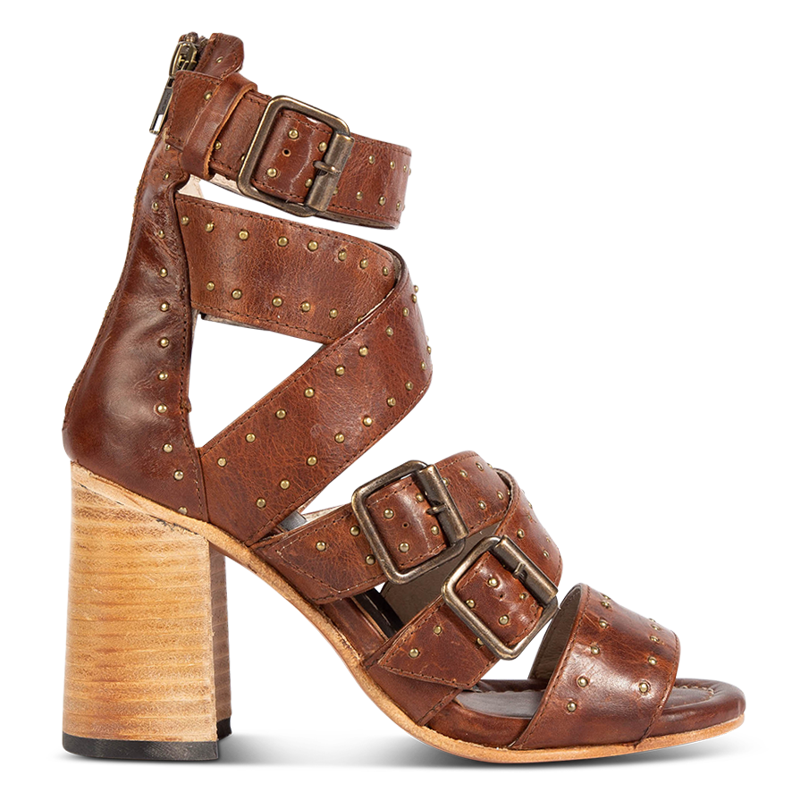 FREEBIRD women's Tanica cognac a strappy heeled sandal featuring buckle and stud detailing and working back zip closure