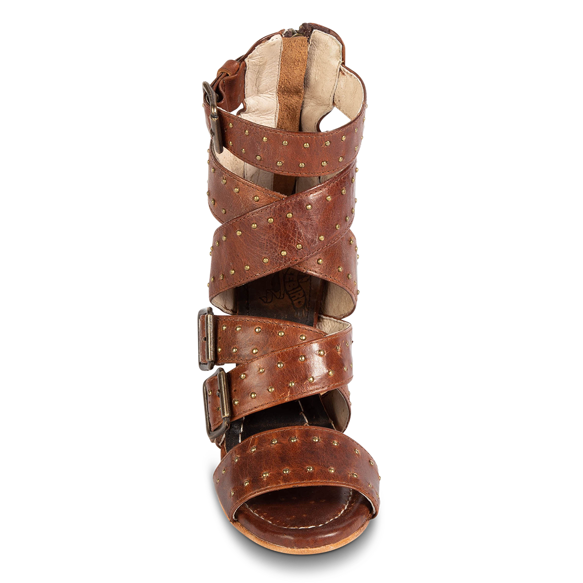 Front view showing strap and buckle detailing FREEBIRD women's Tanica cognac sandal