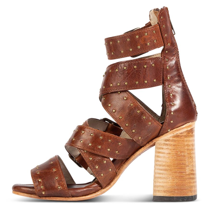 Inside view showing straps and stud detailing FREEBIRD women's Tanica cognac sandal