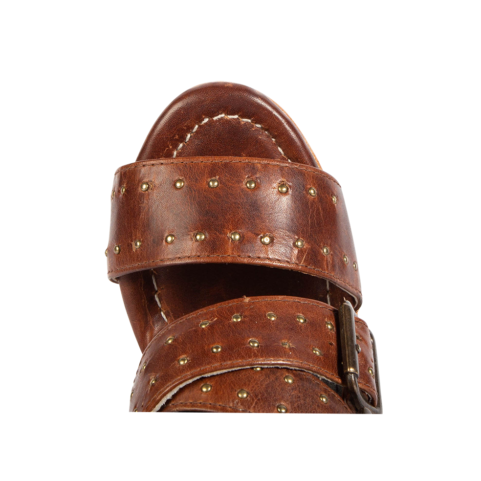 Top view showing leather straps and studded detailing FREEBIRD women's Tanica cognac sandal