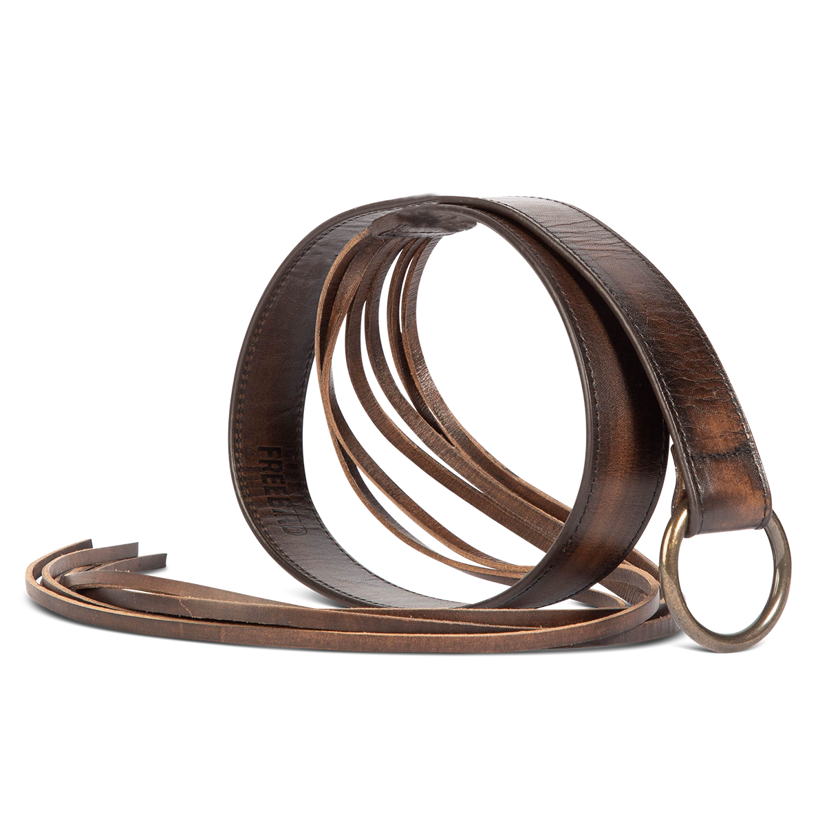 Tassel black distressed side view featuring full grain leather belt featuring rustic loop and tassel detailing on FREEBIRD full grain leather belt
