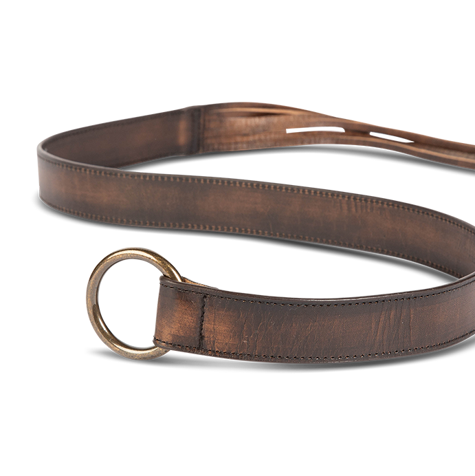 Tassel black distressed front view featuring full grain leather and rustic loop and tassel detailing on FREEBIRD full grain leather belt