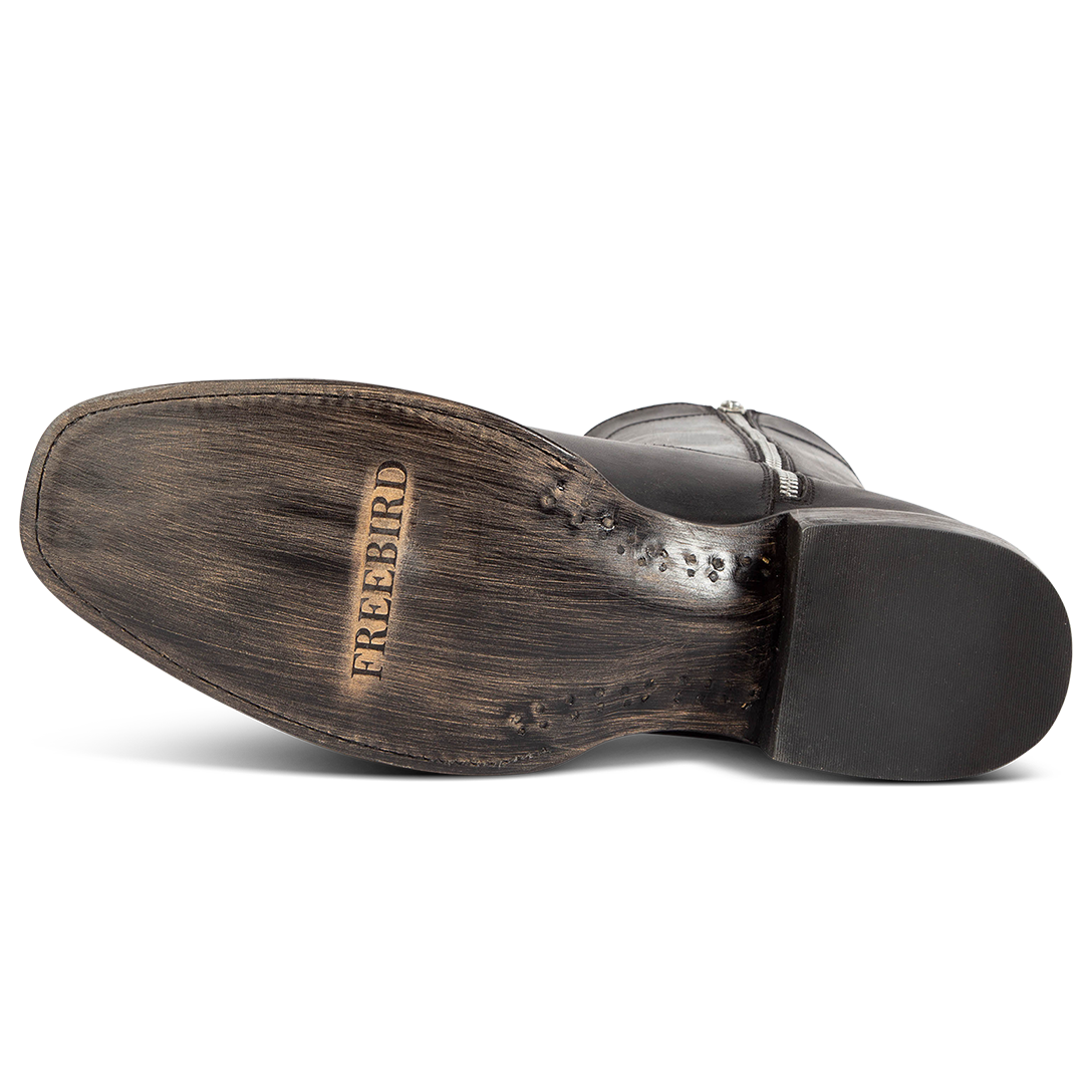 Leather imprinted sole on FREEBIRD men's Tifton black mid calf boot