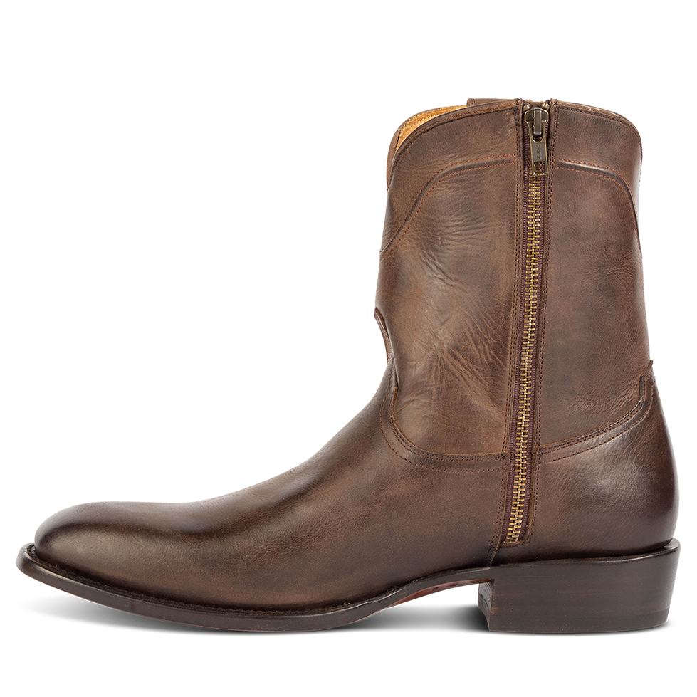 Inside view showing working brass zip closure on FREEBIRD men's Tifton brown low heeled mid calf boot