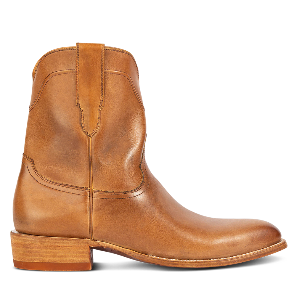FREEBIRD men's Tifton camel single exterior pull strap, squared toe, and inside zip closure low heeled mid calf boot
