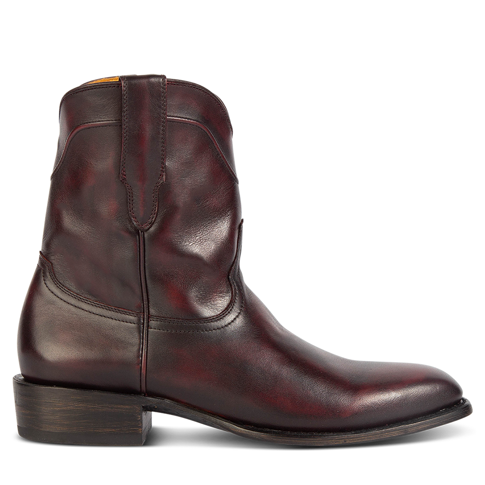 FREEBIRD men's Tifton wine single exterior pull strap, squared toe, and inside zip closure low heeled mid calf boot lifestyle