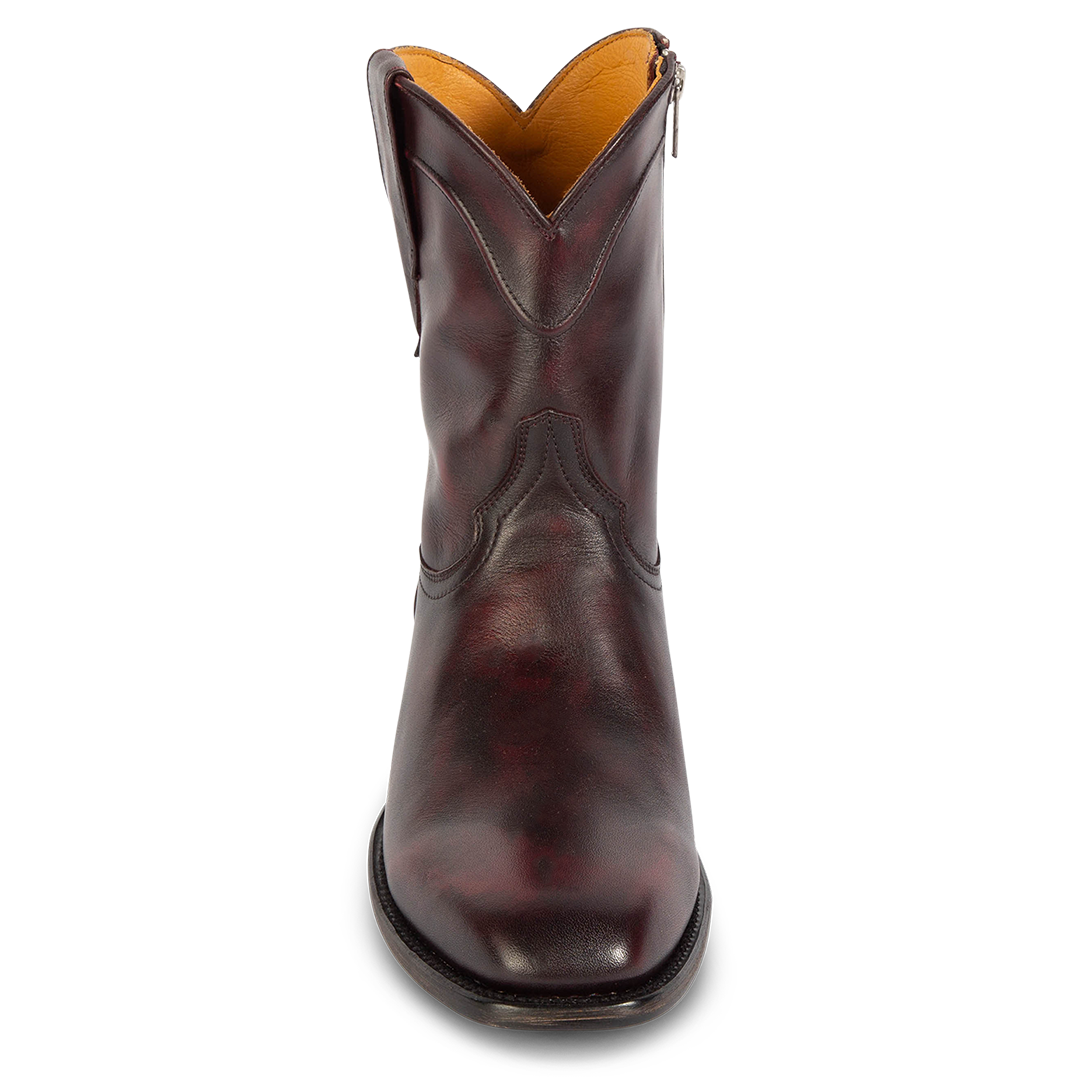 Front view showing scalloped dip leather detailing on FREEBIRD men's Tifton wine low heeled mid calf boot