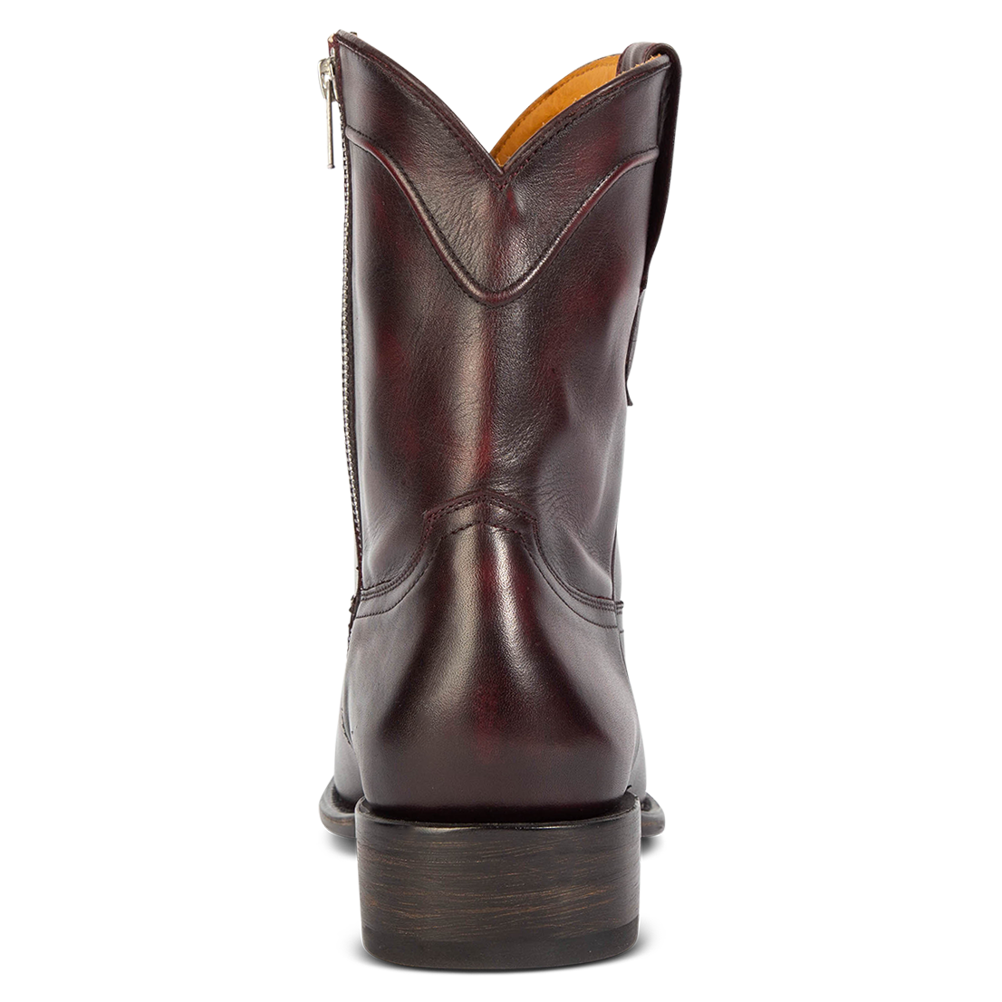 Back view showing low heel on FREEBIRD men's Tifton wine mid calf boot