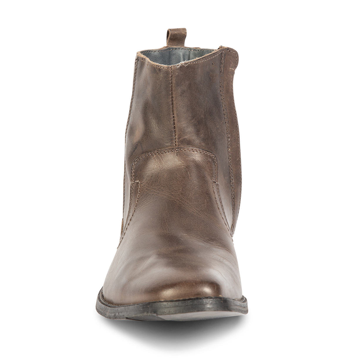 Front view showing leather construction and stitch detailing on FREEBIRD men's Twist grey ankle boo