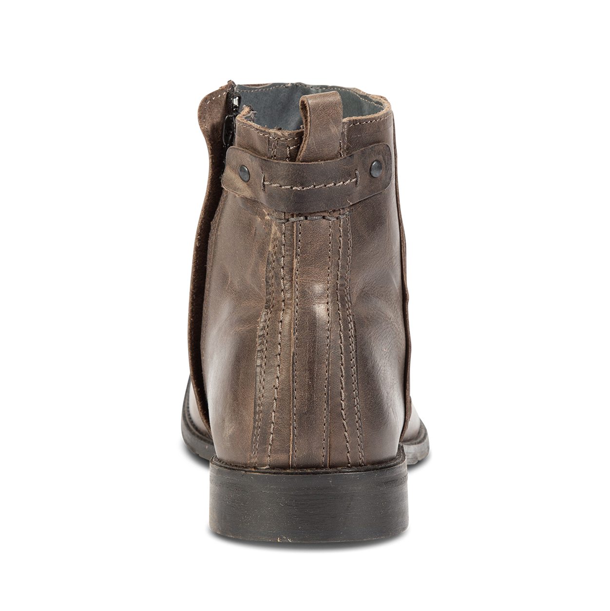 Back view showing back pull tab and leather detail on FREEBIRD men's Twist grey ankle boot