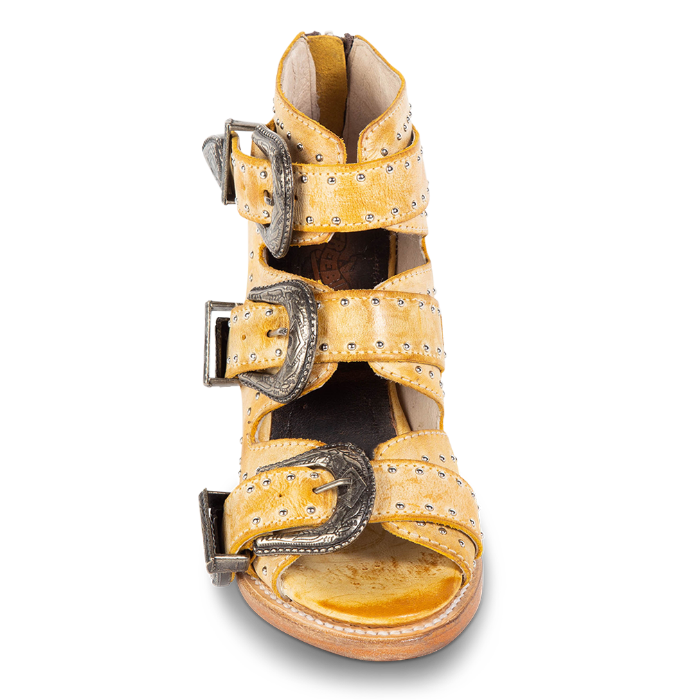 Front view showing open toe construction with adjustable studded leather straps on FREEBIRD women's Violet banana sandal