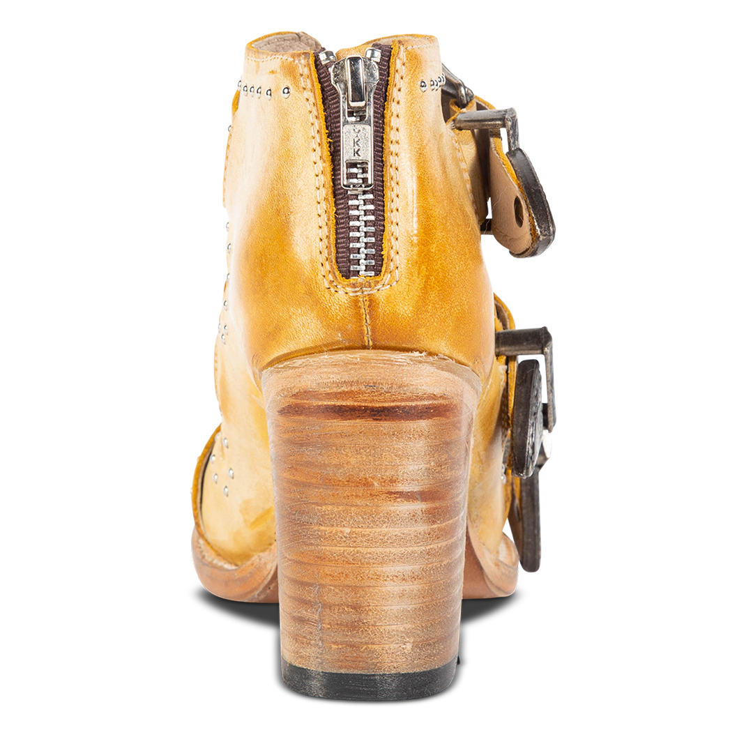 Back view showing working brass zip closure and leather heel on FREEBIRD women's Violet banana sandal
