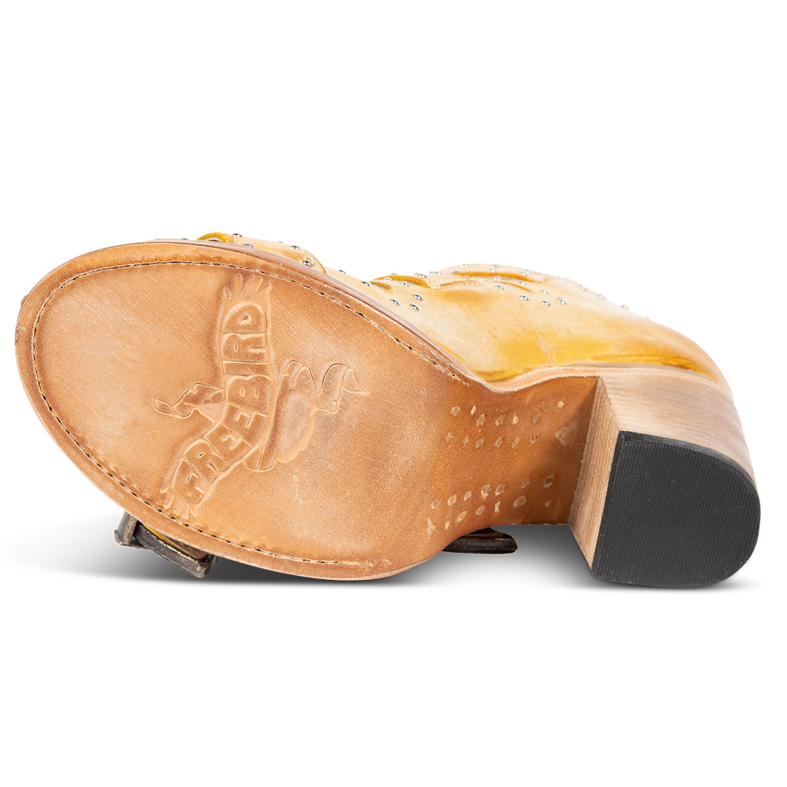 Leather sole imprinted with FREEBIRD on women's Violet banana sandal
