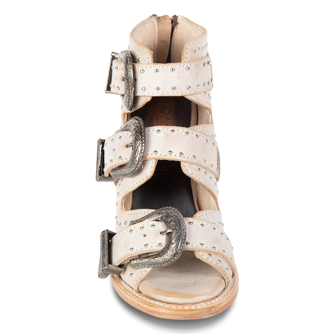 Front view showing open toe construction with adjustable studded leather straps on FREEBIRD women's Violet beige sandal