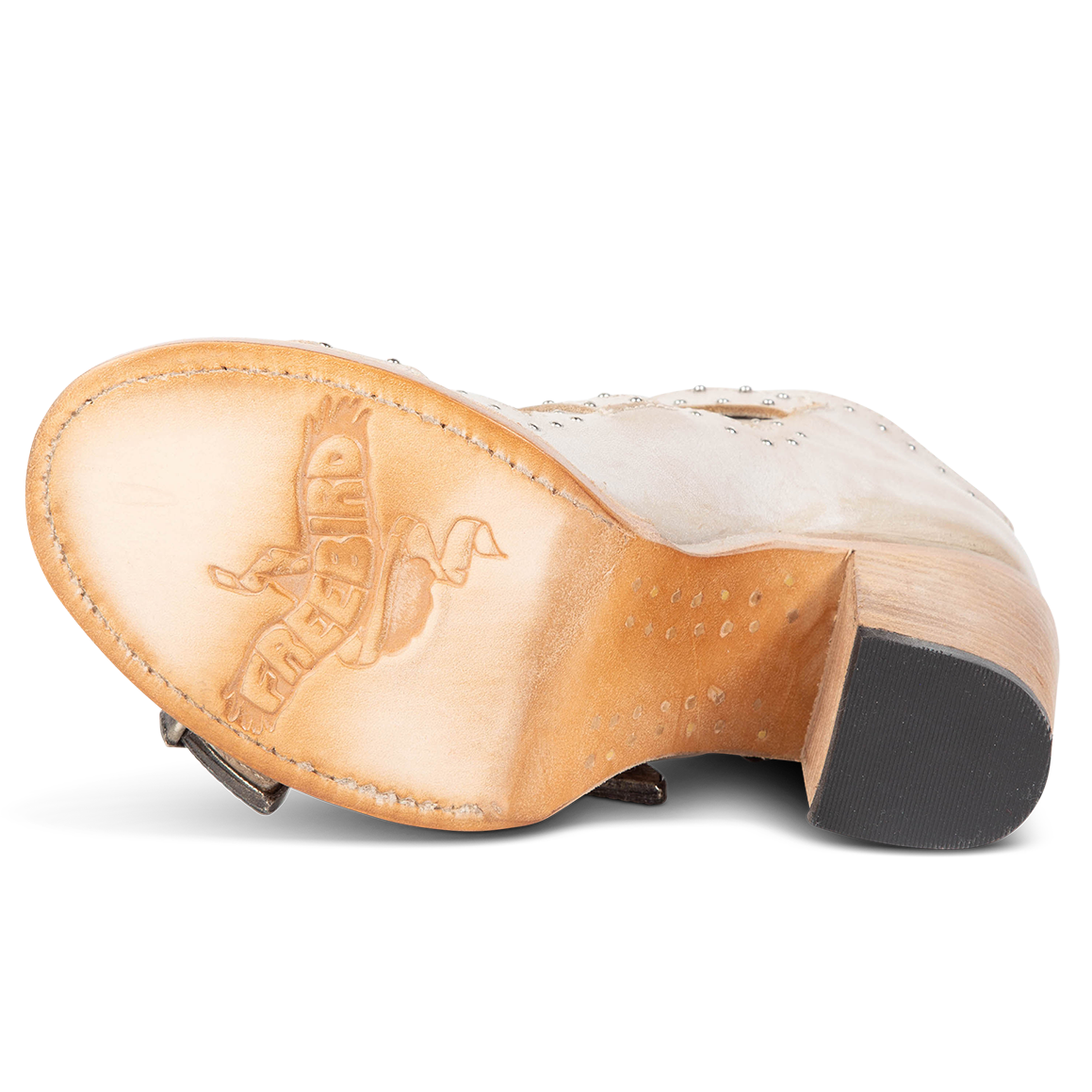 Leather sole imprinted with FREEBIRD on women's Violet beige sandal