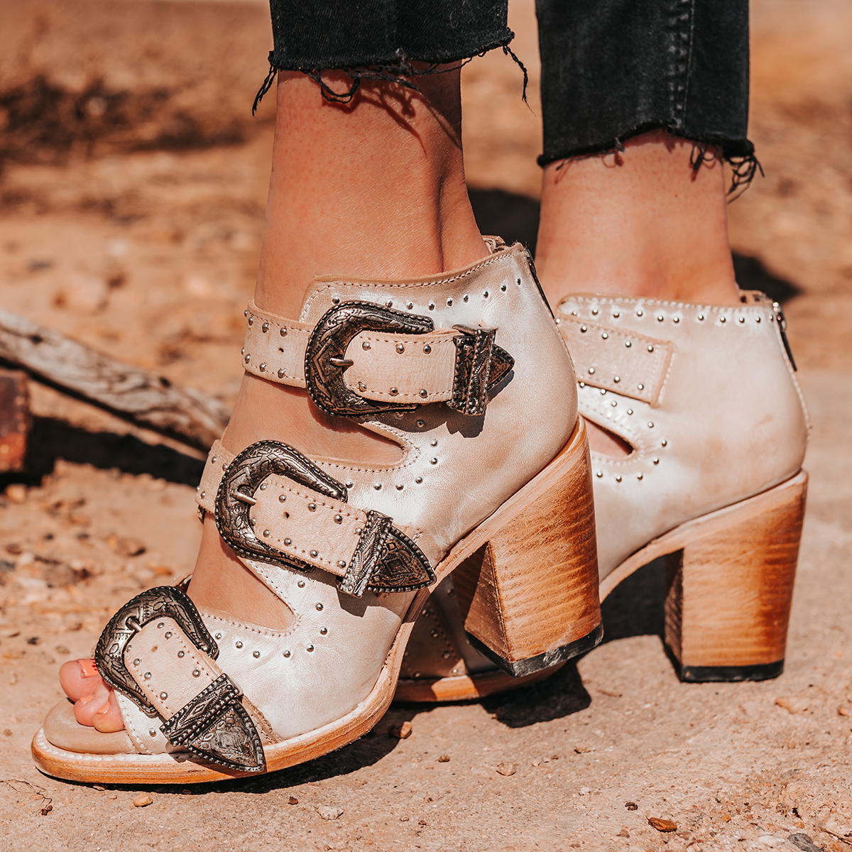 FREEBIRD women's Violet beige leather studded 3 strap heeled sandal with adjustable engraved silver buckles