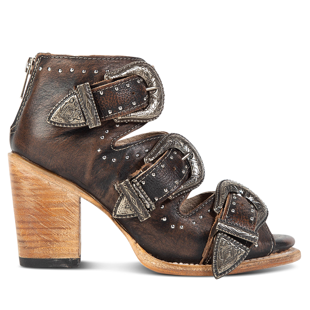 FREEBIRD women's Violet black leather studded 3 strap heeled sandal with adjustable engraved silver buckles