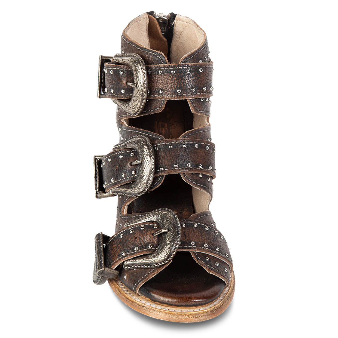 Front view showing open toe construction with adjustable studded leather straps on FREEBIRD women's Violet black sandal