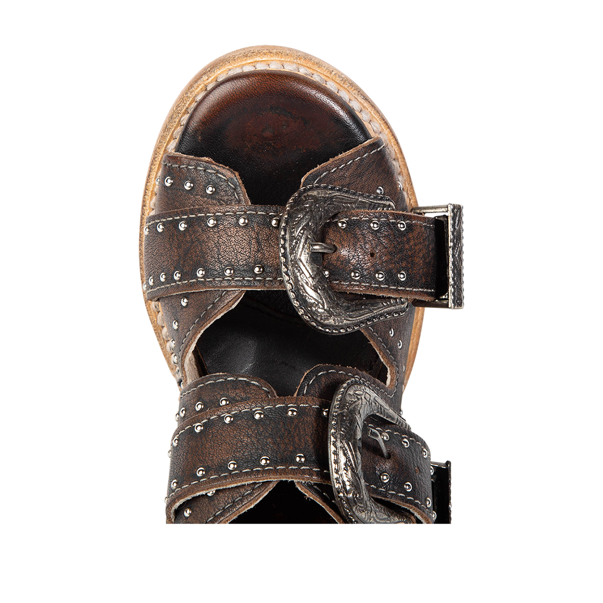 Top view showing open toe and engraved silver buckles on FREEBIRD women's Violet black sandal