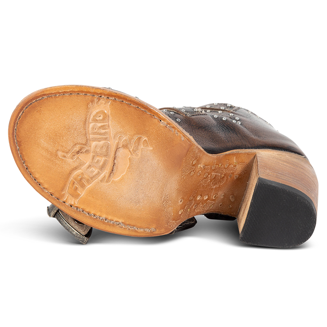 Leather sole imprinted with FREEBIRD on women's Violet black sandal