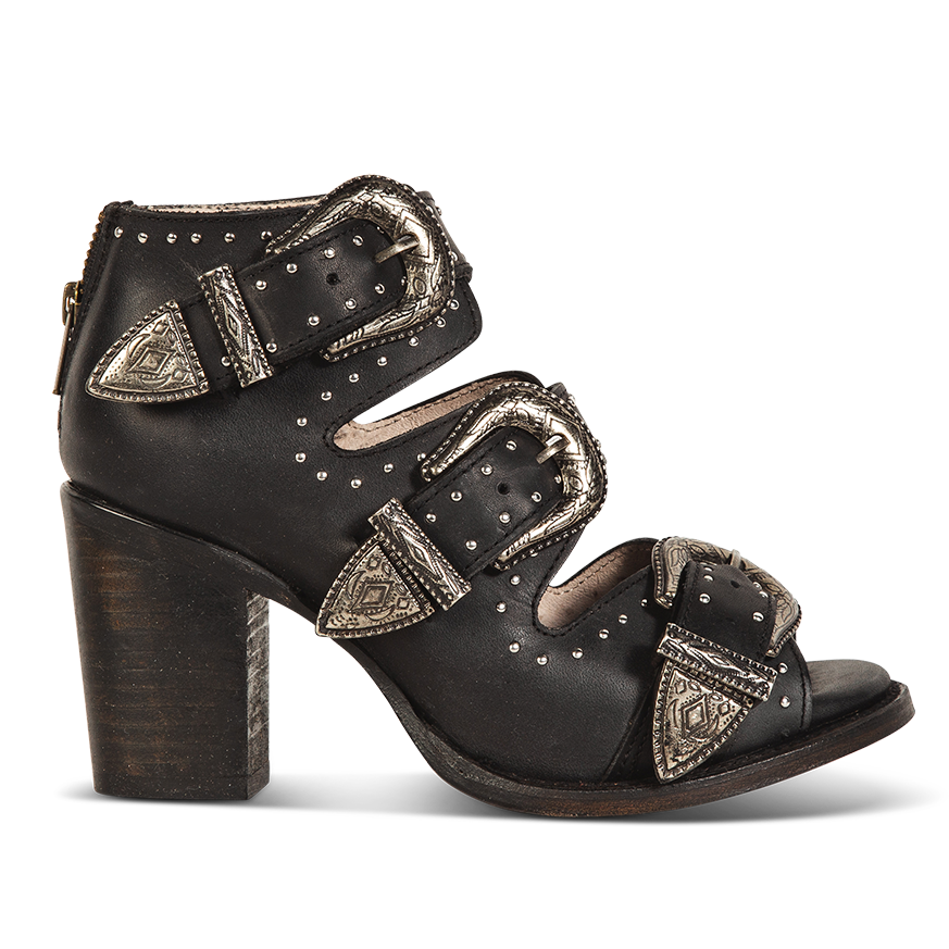 FREEBIRD women's Violet black leather studded 3 strap heeled sandal with adjustable engraved silver buckles