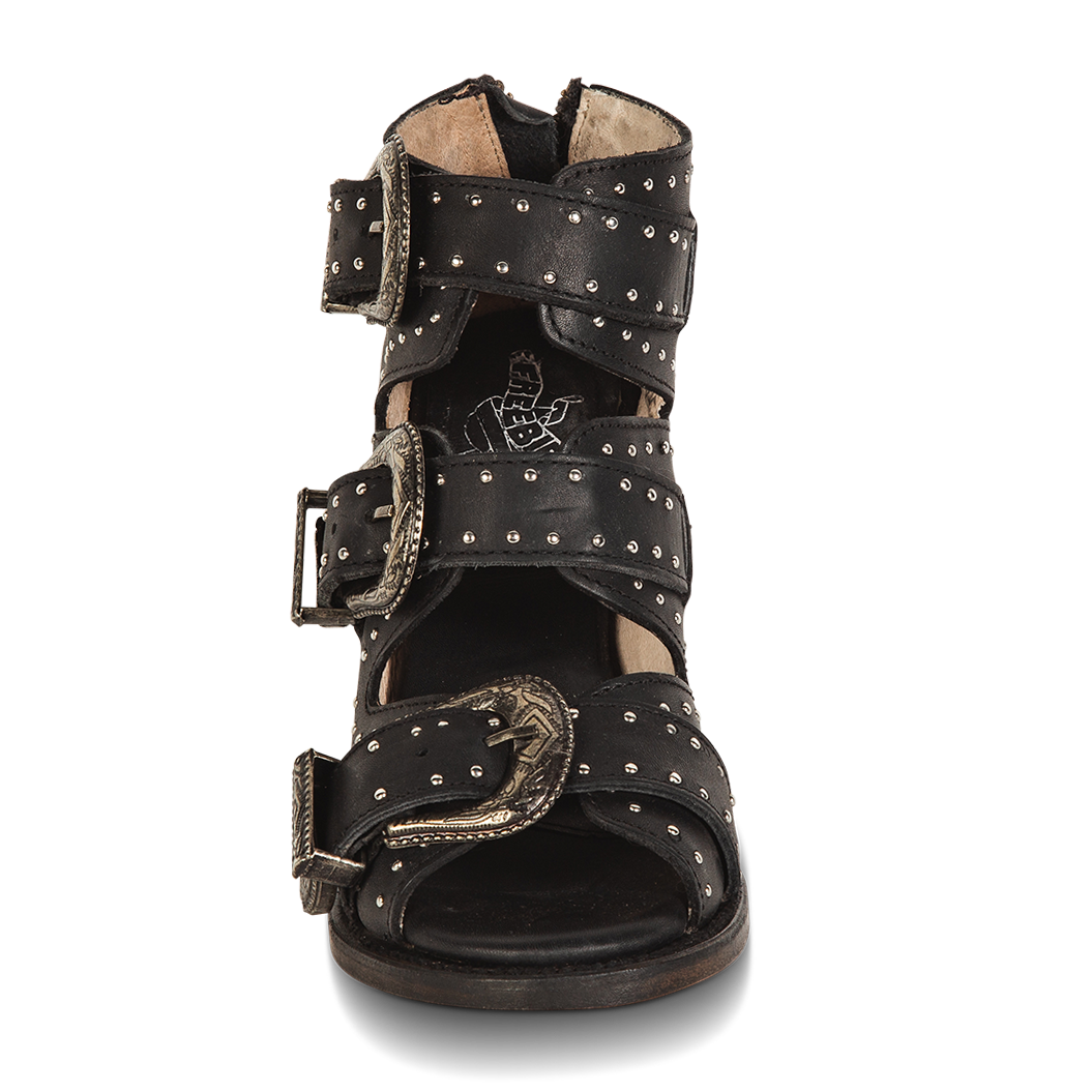 Front view showing open toe construction with adjustable studded leather straps on FREEBIRD women's Violet black sandal