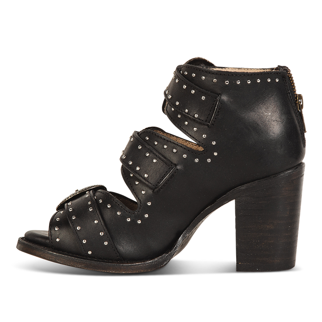 Inside view showing silver stud detailing on FREEBIRD women's Violet black sandal