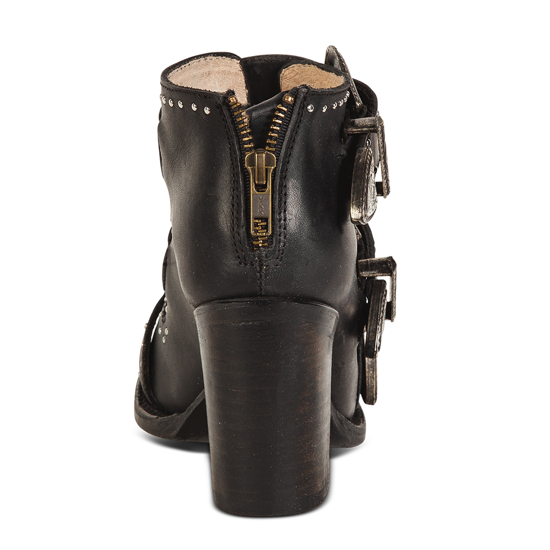 Back view showing working brass zip closure and leather heel on FREEBIRD women's Violet black sandal