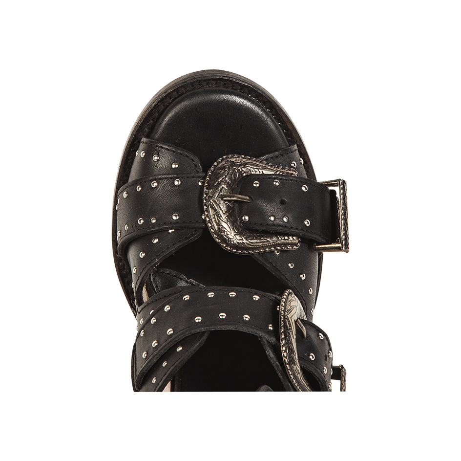 Top view showing open toe and engraved silver buckles on FREEBIRD women's Violet black sandal
