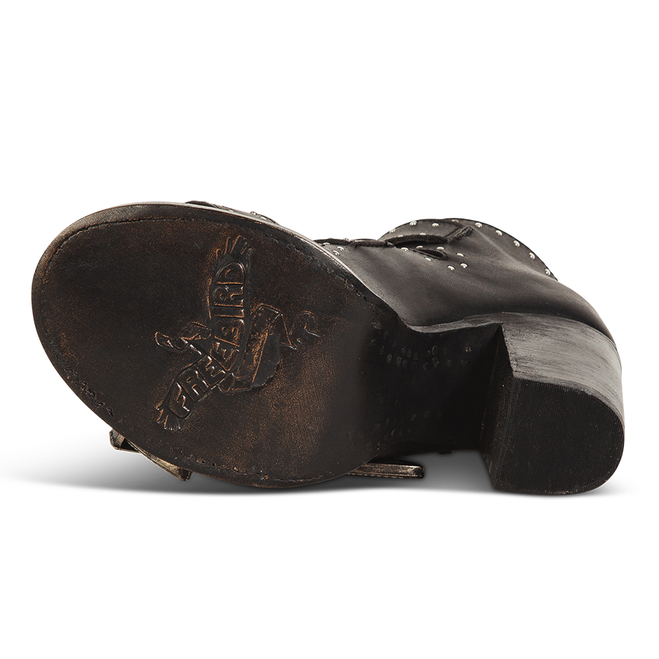 Leather sole imprinted with FREEBIRD on women's Violet black sandal
