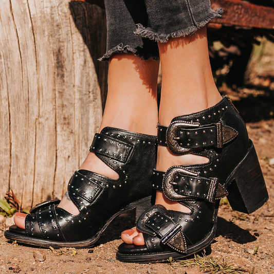 FREEBIRD women's Violet black leather studded 3 strap heeled sandal with adjustable engraved silver buckles