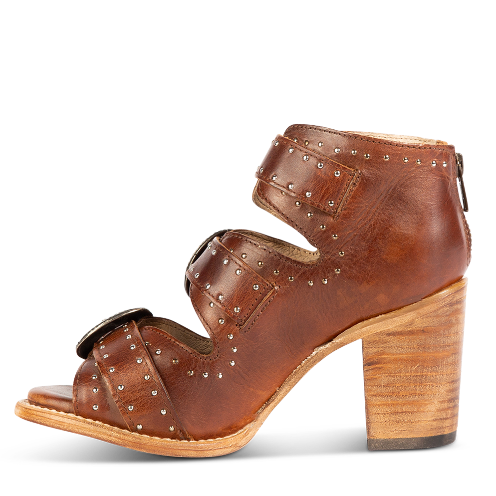 Inside view showing silver stud detailing on FREEBIRD women's Violet cognac sandal