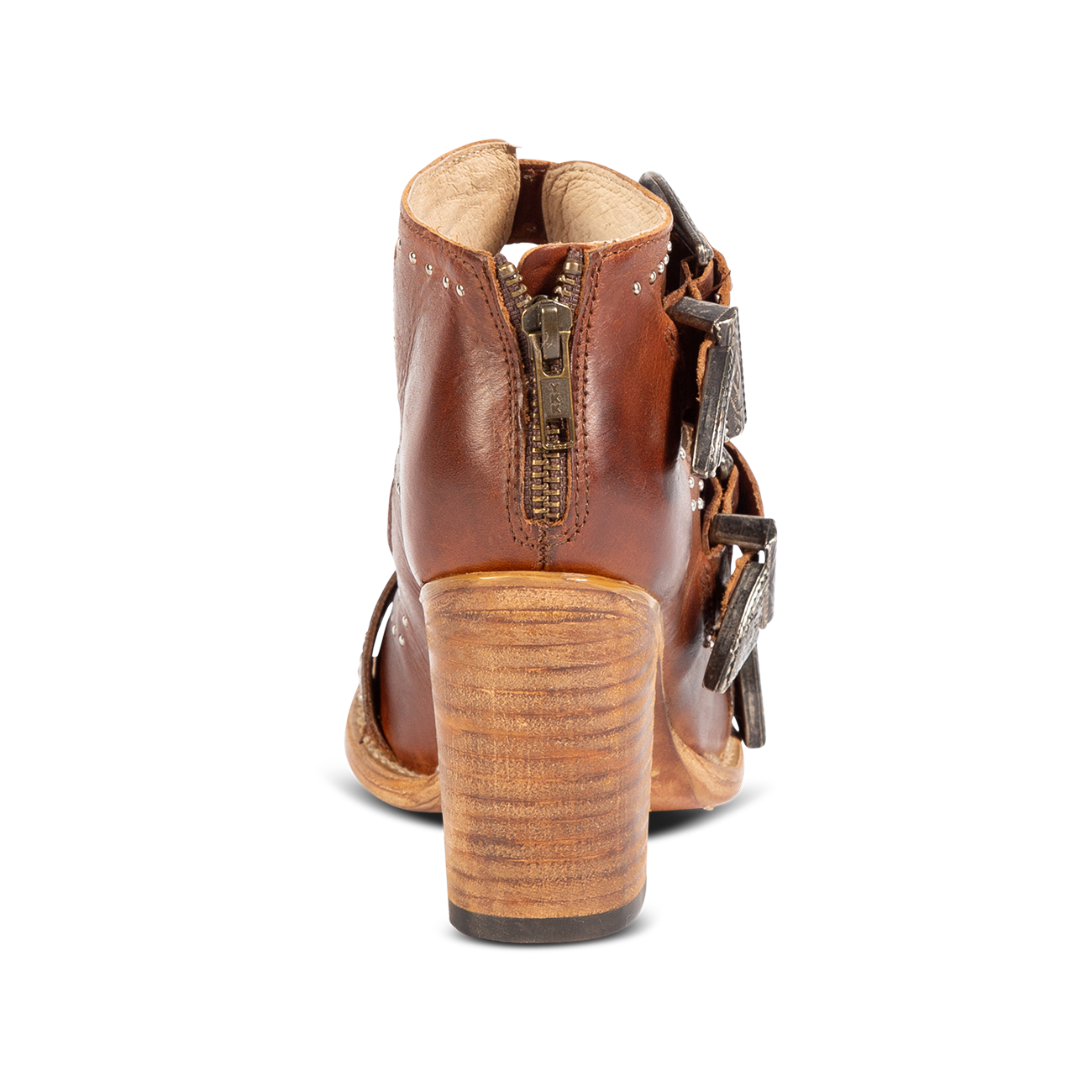 Back view showing working brass zip closure and leather heel on FREEBIRD women's Violet cognac sandal
