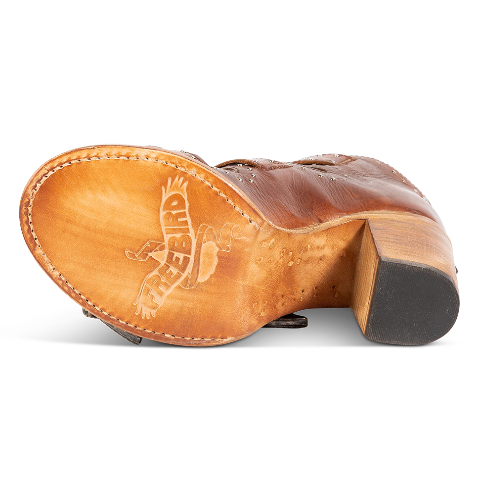 Leather sole imprinted with FREEBIRD on women's Violet cognac sandal