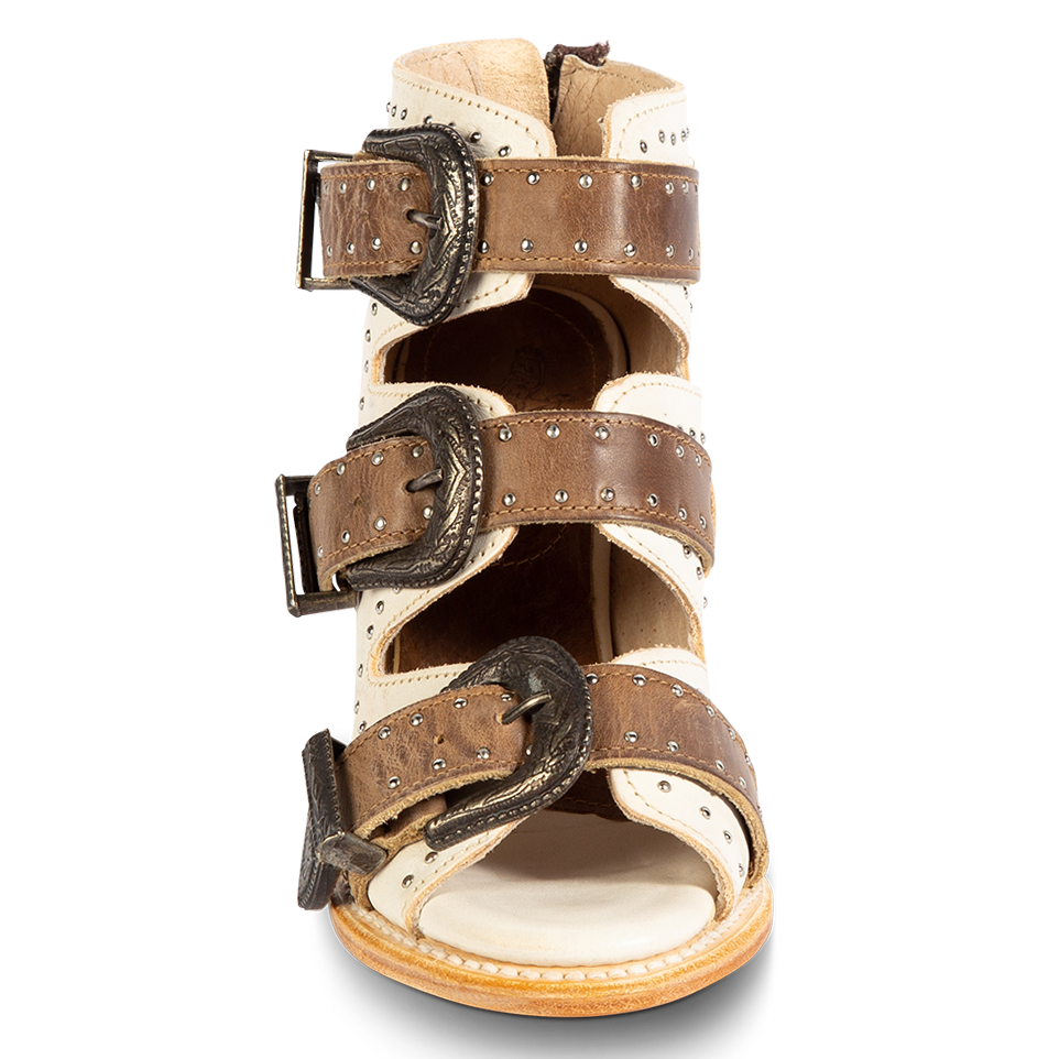 Front view showing open toe construction with adjustable studded leather straps on FREEBIRD women's Violet white multi sandal