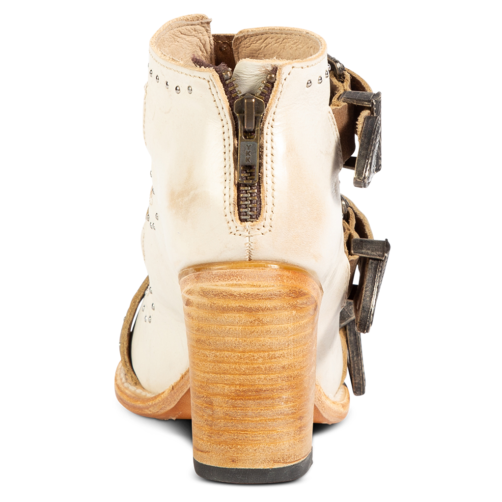 Back view showing working brass zip closure and leather heel on FREEBIRD women's Violet white multi sandal