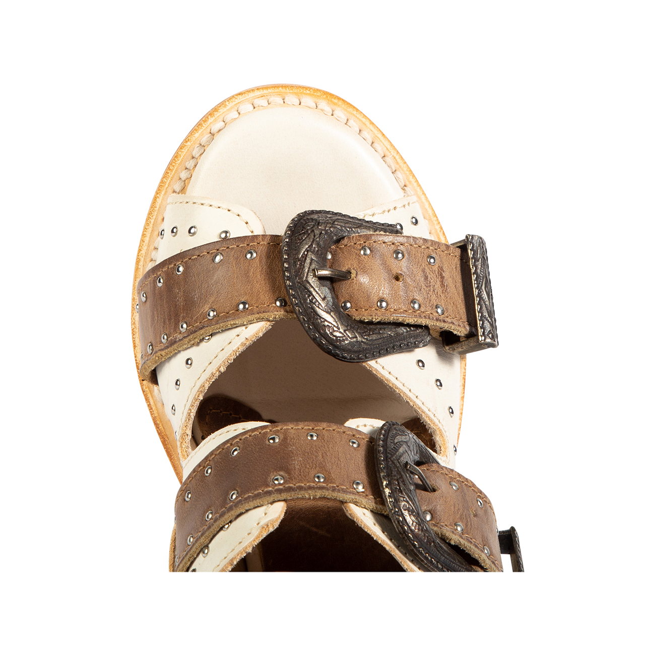 Top view showing open toe and engraved silver buckles on FREEBIRD women's Violet white multi sandal